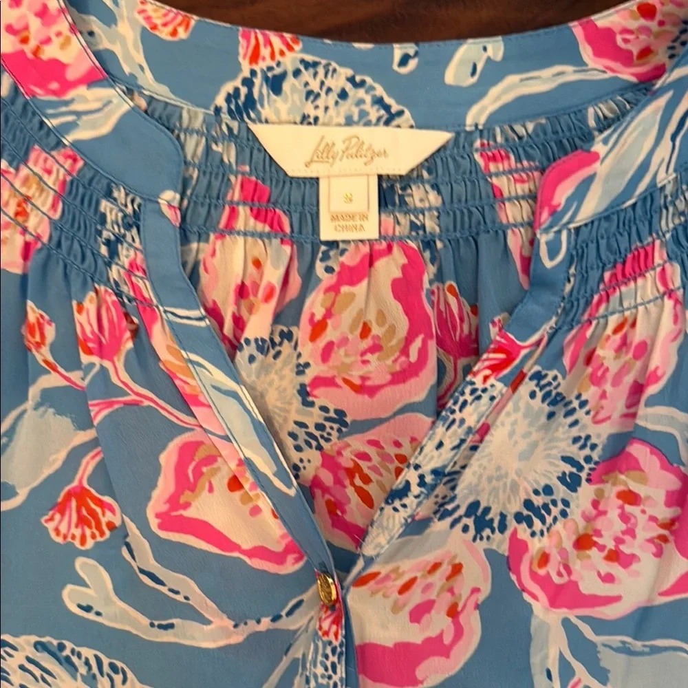 Lilly Pulitzer Elsa Silk Blue and Pink Floral Blouse - Picture 2 of 3